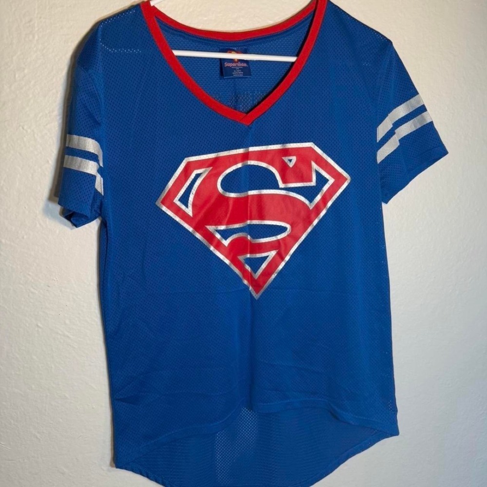 Superman Jersey Womens Blue Mesh Football Shirt SUPERMAN Back Logo DC Comics